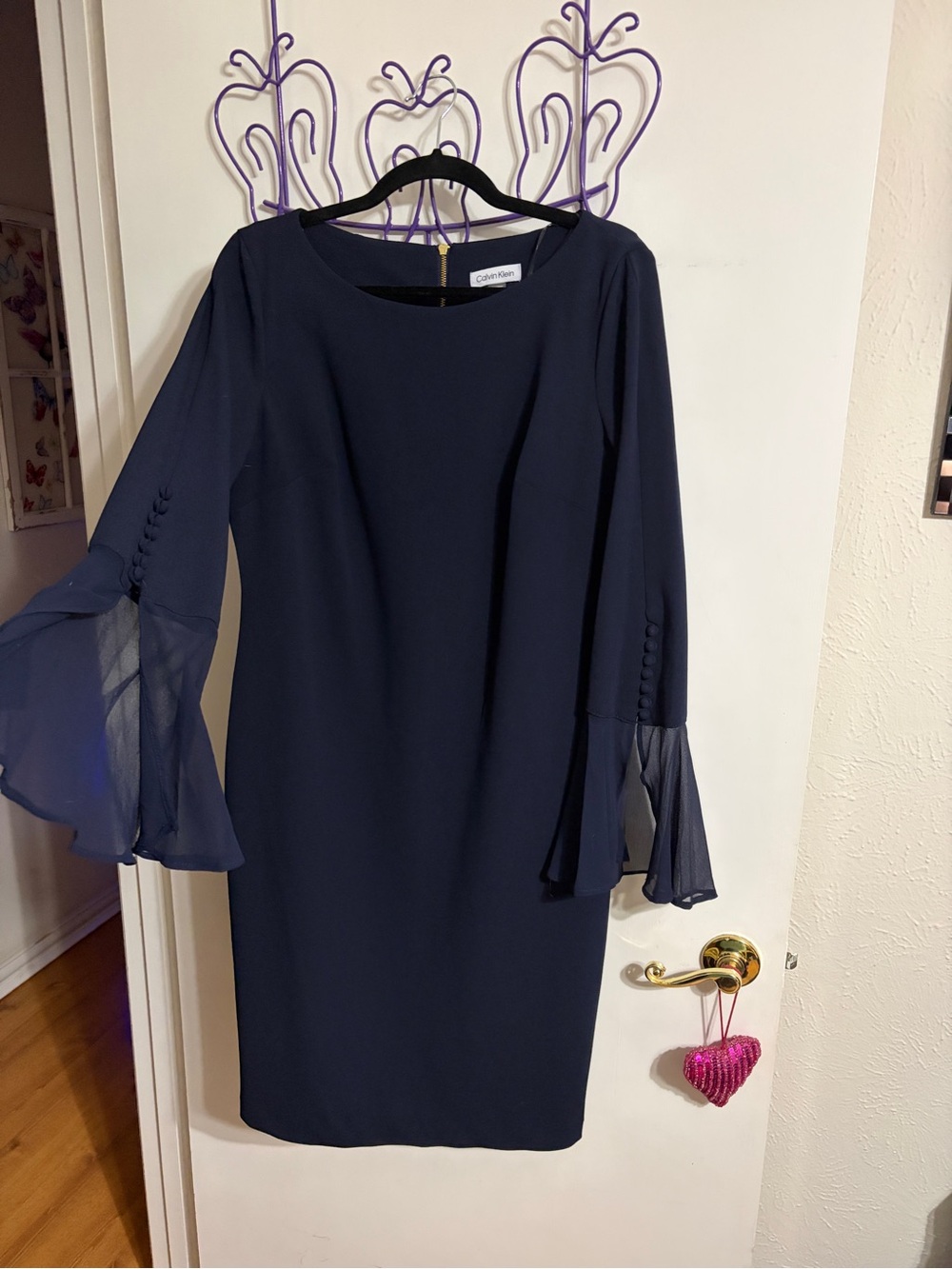 🥳 12 Calvin Klein Navy Midi Dress with Sheer Bell Sleeves